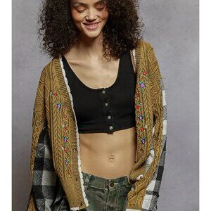 POL Contrast Border Patchwork Knit Cardigan with Embroidery NEW